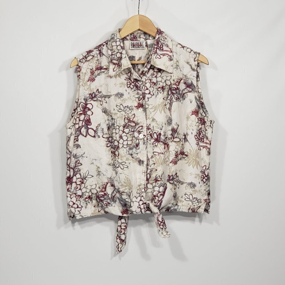 Bill Blass  Linen Sleeveless  Floral Button Down Shirt  Ties at Waist  Size XL